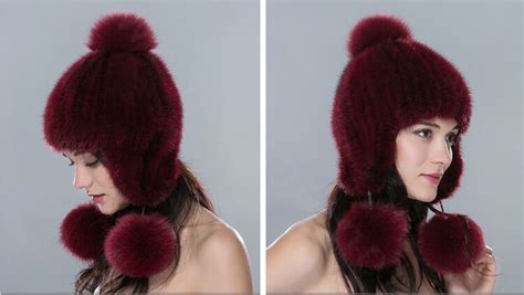 Buy Wholesale Winter Genuine Cross Mink Fur Caps With Fox Fur Pom Poms