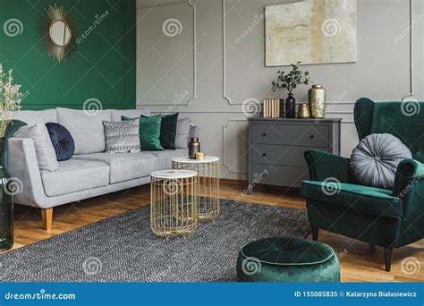 Stylish Emerald Green and Grey Living Room Interior Design with ...