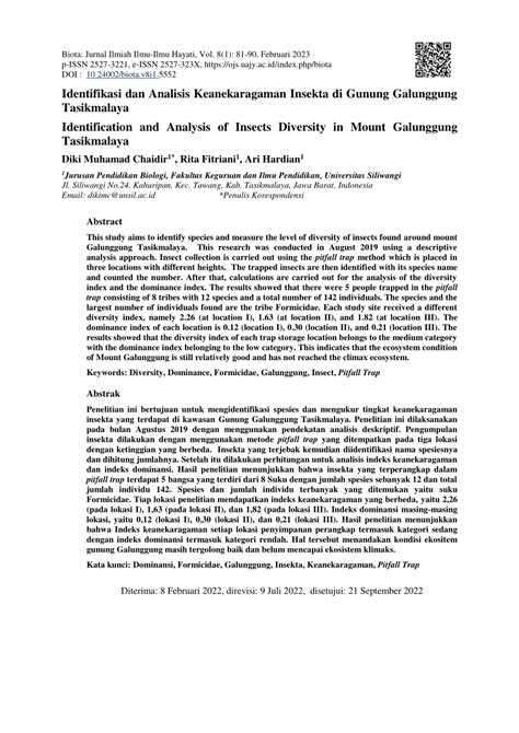 Pdf Identifikasi Dan Analisis Keanekaragaman Insekta Di Gunung