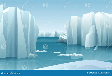 Cartoon Realistic Nature Winter Arctic Ice Landscape With Iceberg And