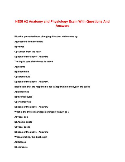 Solution Hesi A Anatomy And Physiology Exam With Questions And