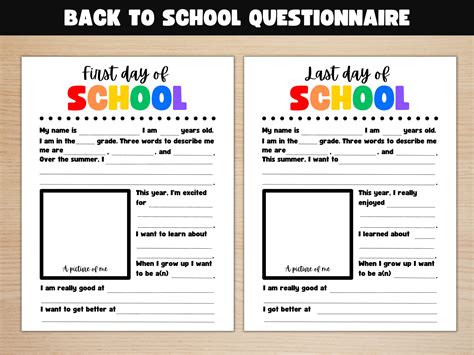 First Day And Last Day Of School Questionnaire Printable Back To School