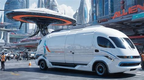 Premium Photo White Van Parked In Front Of Futuristic City