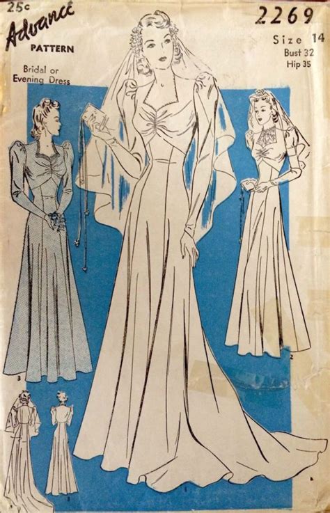 1940s WW2 Vintage Sewing Pattern B32 BRIDAL EVENING DRESS With TRAIN