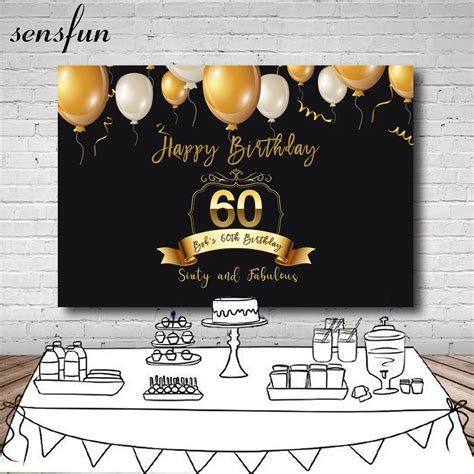 Sensfun Gold Happy 60th Birthday Party Backdrop Balloons Black Theme Men Women Photography