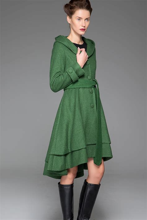 Green Hooded Wool Coat Women Long Wool Trench Coat Fit And Etsy Australia