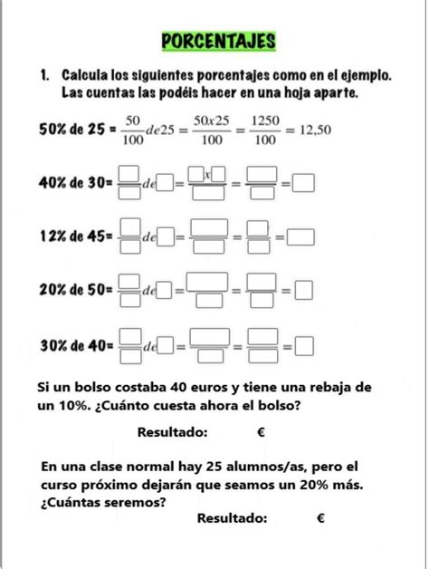 Calcula Los Siguientes Porcentajes Con En El Ejemplo Las Cuentas