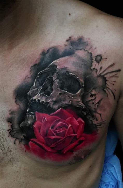 Beautiful Black Watercolor Realistic Tattoo Design With Skull And Red