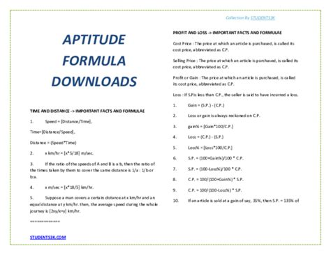 Pdf Aptitude Formula Downloads Time And Distance Important Facts And Formulae