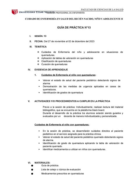 Guia De Practica 13 ñ { Escuela Profesional De EnfermerÍa Cuidado