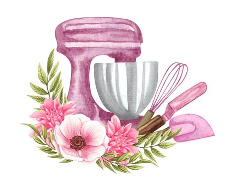 Watercolor Kitchen Utensils Pink Flowers Stock Illustrations