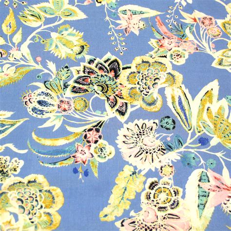 Toile 100 Viscose Fleuri Rose Moutarde Canard Fond Bleu Clair