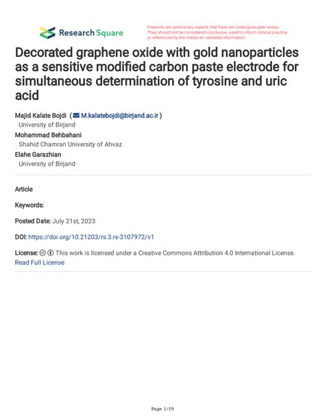 PDF Decorated Graphene Oxide With Gold Nanoparticles As A Sensitive