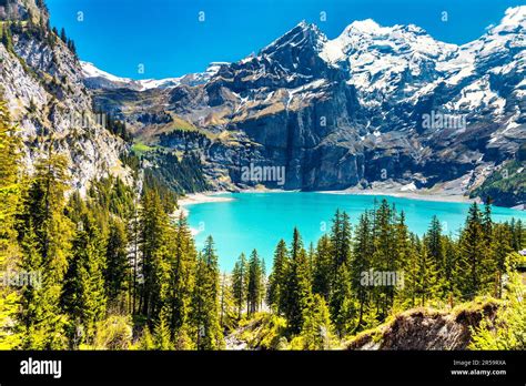 Scenic View Of Oeschinen Lake Oeschinensee And Bl Emlisalp Mountain