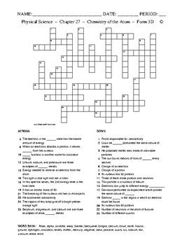 Chemistry Of The Atom HS Physical Science Crossword With Word Bank