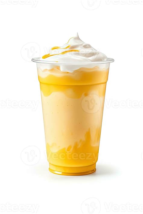 Mango Smoothie Milkshake In Plastic Takeaway Cup Isolated On White