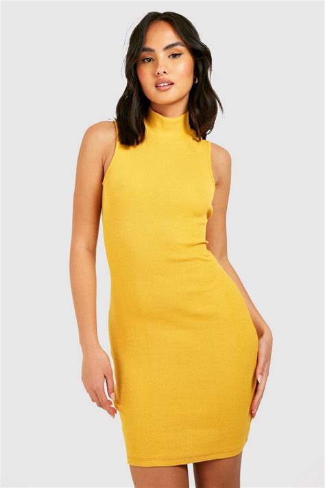 Rib High Neck Bodycon Dress Boohoo Uk