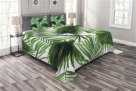 Palm Leaf Bedspread Set King Size Realistic Vivid Leaves Of Palm Tree