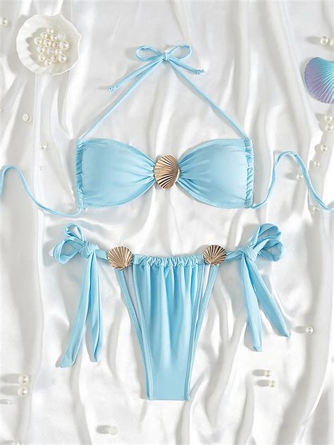 New Metal Shell Bikini 2026 Mujer Women Sexy Sky Blue Pleate Push Up
