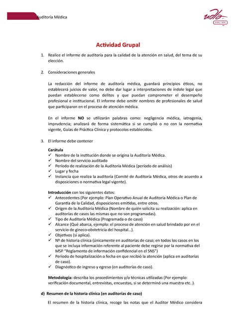 Formato Informe De Auditor A M Dica Auditor A M Dica Actividad Grupal