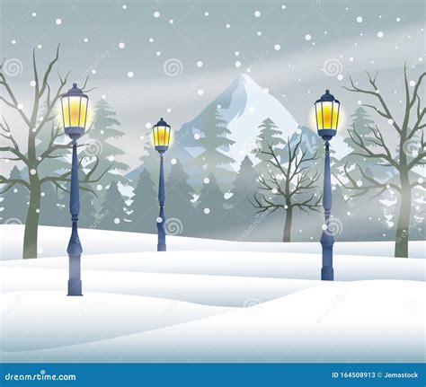 Merry Christmas Card With Snowscape Scene With Lamps Stock Vector