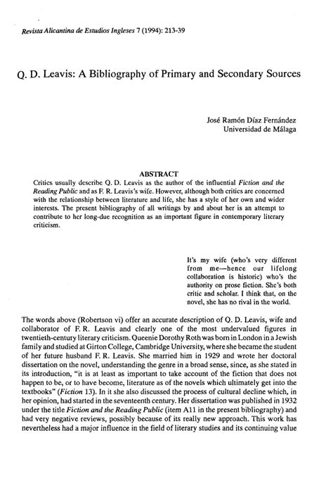 Pdf Qd Leavis A Bibliography Of Primary And Secondary Sources