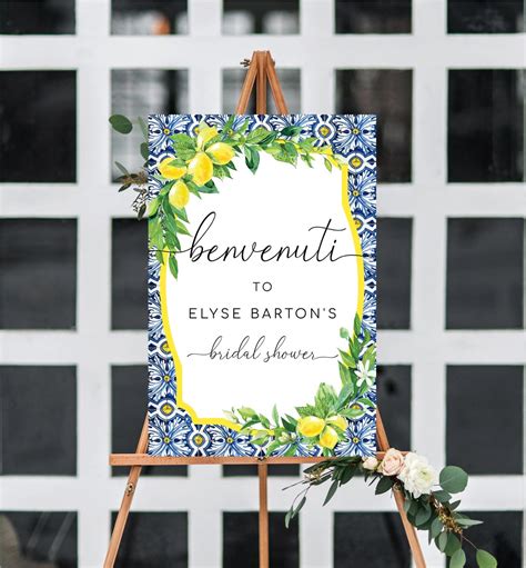 Printable Benvenuti Welcome Sign Positano Blue Tile Lemons Wedding