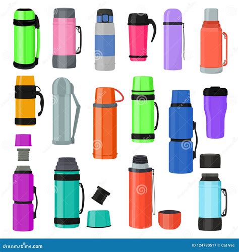 Thermos Vector Vacuum Flask Or Bottle With Hot Drink Coffee Or Tea Illustration Set Of Metal