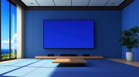 A futuristic living room with a blue screen television mounted on a ...