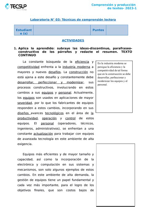 L3 Técnicas DE Comprensión Lectora c5 a Laboratorio N 03 Técnicas