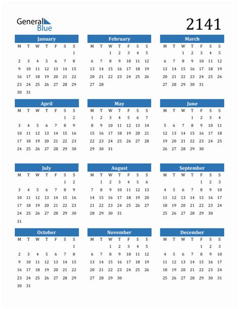 2141 Yearly Calendar Templates with Monday Start