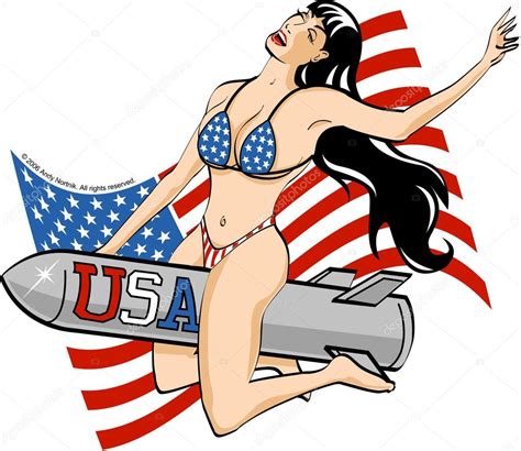 Sexy Brunette Woman In A Stars And Stripes Bikini Riding A Rocket In