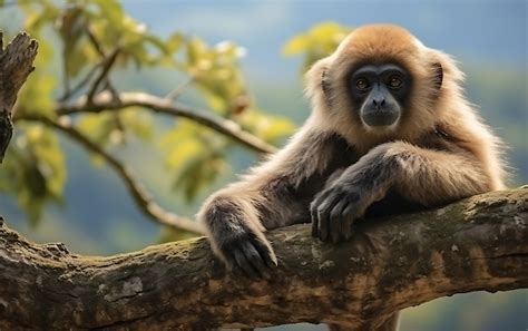 Vista de um macaco gibão selvagem em uma árvore Foto Grátis