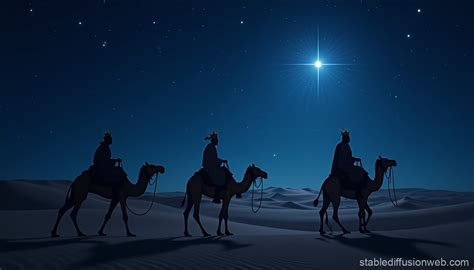 Three Kings Ride Camels At Night With Bright Star Stable Diffusion Online