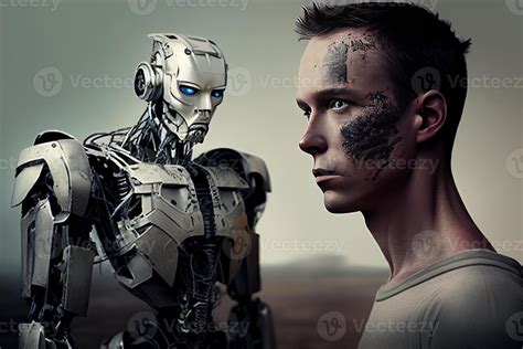 Person And Robot Portrait Man And Android Illustration Of Technology