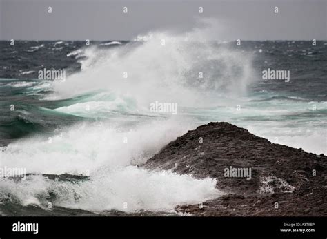 Large Lake Superior Waves Crash On The Keweenaw Peninsula Near Copper Harbor Michigan Stock