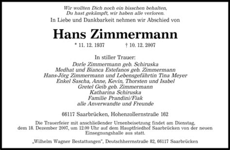 Traueranzeigen Von Hans Zimmermann Saarbruecker Zeitung Trauer De