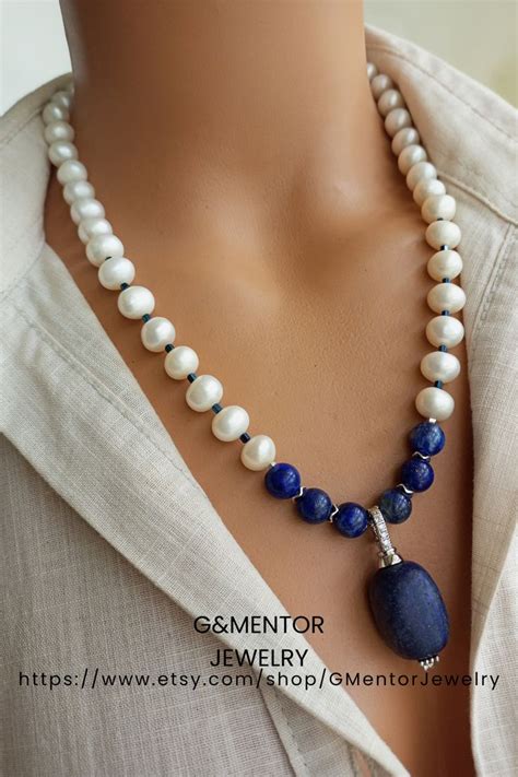 Pearl And Delicate Lapis Lazuli Pendant Necklace Gemstone Jewelry For