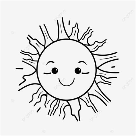 Happy Sun In Black And White On A White Background Outline Sketch