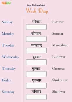 1 page Digital printable Hindi week days homeschooling Indian language ...