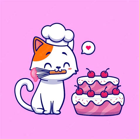 Premium Vector Cute Chef Cat Cooking Birthday Cake Cartoon Vector