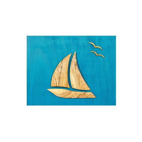 Olive Wood Sailboat Handmade Modern Wall Decor Blue Wooden Background