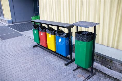 Colored Bins For Separate Garbage Collection Closeup Stock Image