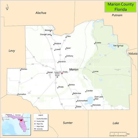 Map of Marion County, Florida showing cities, highways & important ...