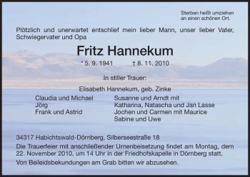 Traueranzeigen Von Fritz Hannekum Trauer Hna De