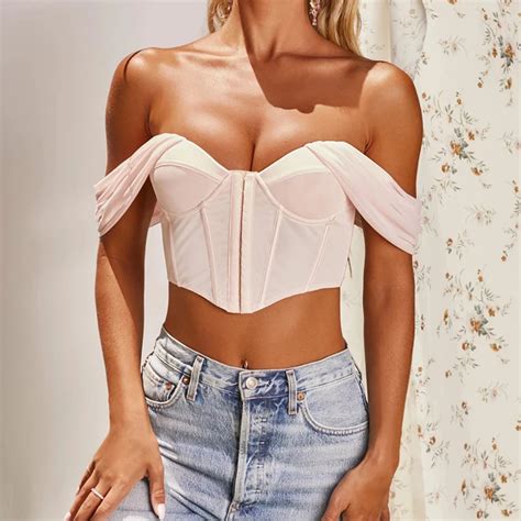 Sexy Off The Shoulder Sleeve Solid Color Mesh Chest Wrap Crop Tops For Women Clothes Summer New