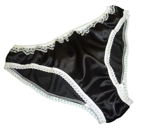 BLACK Shiny SATIN Panties Low Rise BIKINI BRIEFS Ivory Lace Made In