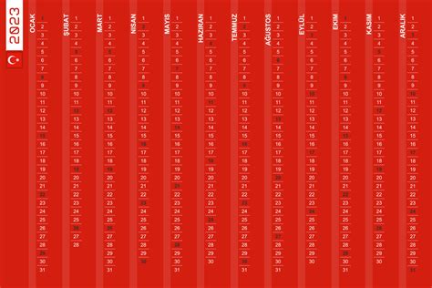 One-row vertical calendar for the year 2023 in Turkish. Turkish ...