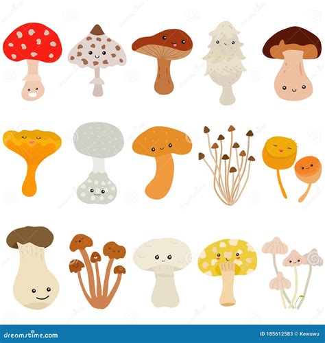 Cute Vector Of Fungi Mushroom With Smily Happy Face Colorful Set Of