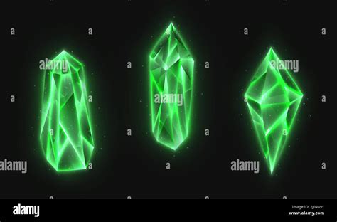 Realistic Crystals Set Green Glowing Gems Collection Stock Vector